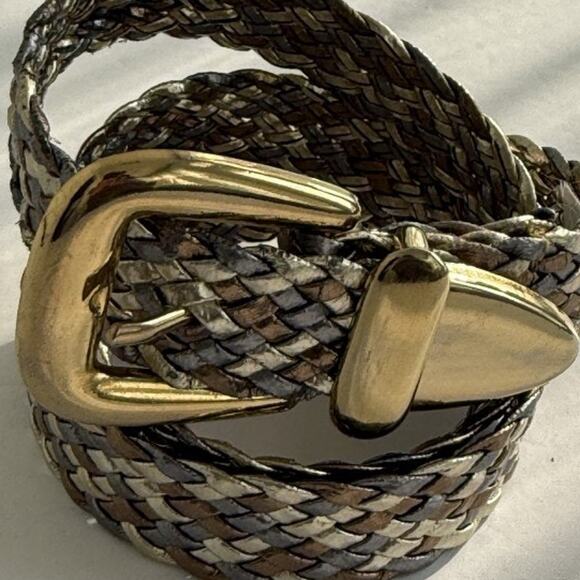 Tri-Color Small Gold Silver Bronze Metallic Braided /Woven Belt Gold Tone Buckle - Picture 3 of 9